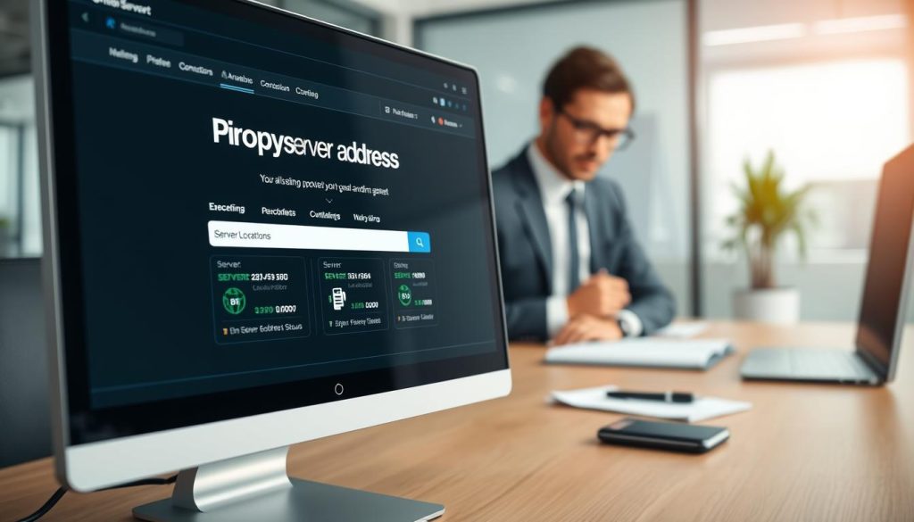A modern workspace showcasing a computer monitor displaying a website dedicated to finding a proxy server address, with a close-up view in the foreground. The screen features intricate, user-friendly graphics displaying server locations and connection status. In the middle ground, a professional individual in business attire thoughtfully analyzes the data, with a notepad and pen beside them. The background consists of a sleek, minimalist office environment with soft lighting that conveys a focused, tech-savvy atmosphere. The image is captured from a slightly low angle, emphasizing the monitor and the individual's engagement with technology. The overall mood instills a sense of productivity and exploration in the world of digital networking.