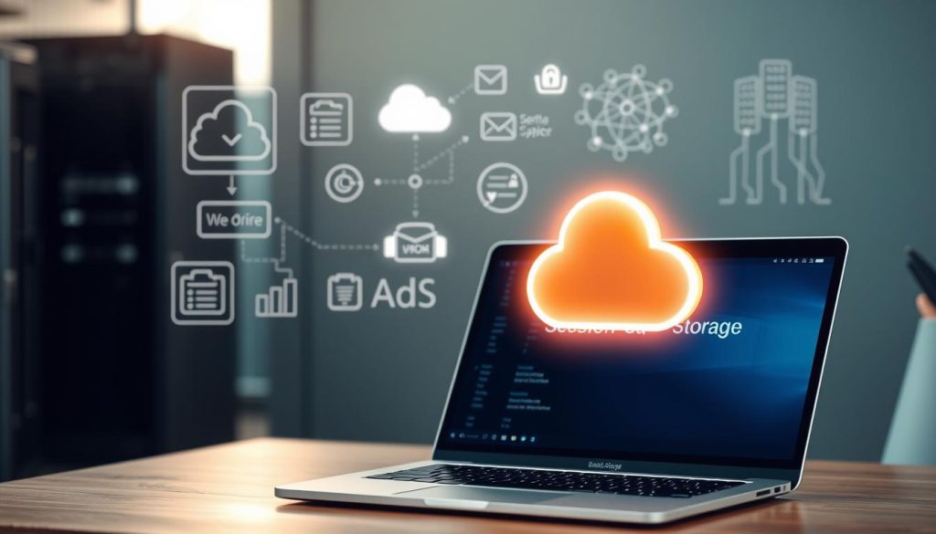 A neatly organized desktop filled with various web storage icons and metaphors, bathed in soft, natural lighting. In the foreground, a glowing session storage symbol hovers over a sleek laptop, its screen displaying a real-time data visualization. In the middle ground, a set of cloud storage options and a network diagram subtly suggest the interconnected nature of web-based storage. The background features minimalist wireframes and server racks, hinting at the technical infrastructure underlying session storage. The overall scene conveys a sense of digital organization, efficiency, and the seamless integration of session storage into the broader web ecosystem.