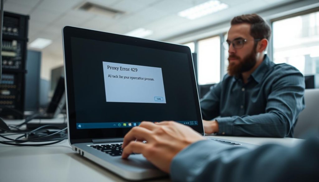 A network engineer's workstation, with a laptop displaying a proxy error message on the screen. The foreground shows the laptop's display, featuring a clear, error message describing a "Proxy Error 429" issue. The middle ground depicts the engineer's hands, poised over the keyboard, suggesting troubleshooting efforts. The background is a clean, well-lit office environment, with minimal distractions, focusing the viewer's attention on the technical problem at hand. The lighting is soft and natural, accentuating the details of the laptop screen and the engineer's focused expression. The overall mood is one of concentration and problem-solving, reflecting the task of diagnosing and resolving the proxy error.