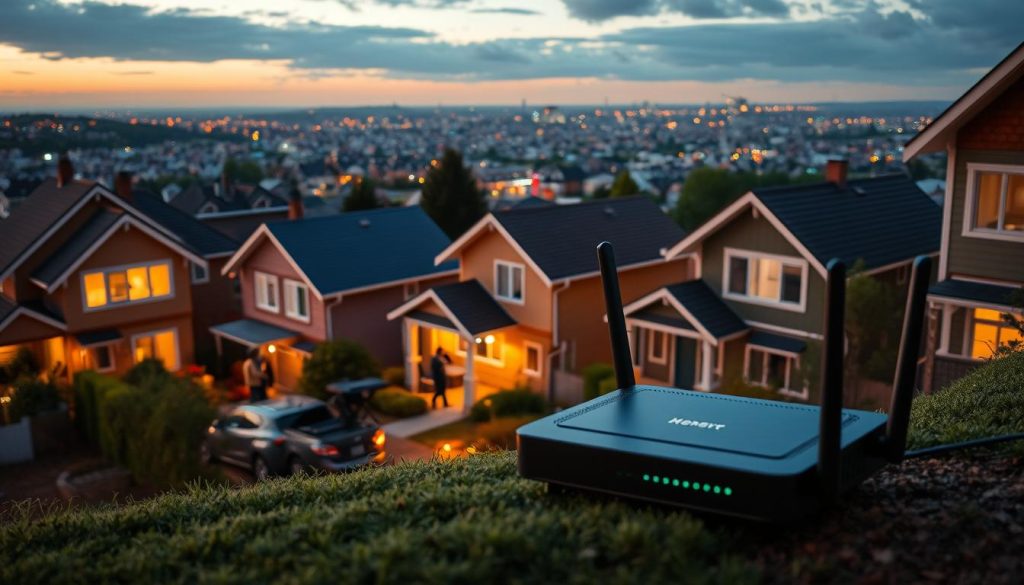 A residential neighborhood at dusk, with rows of cozy houses bathed in a warm, golden glow. In the foreground, a modern router or modem device sits prominently, symbolizing the connectivity provided by residential proxies. The middle ground features people going about their daily lives, suggesting the discreet and seamless integration of proxy services. The background showcases a cityscape, hinting at the broader context in which residential proxies operate. The scene is captured through a wide-angle lens, creating a sense of depth and emphasizing the interconnectedness of the proxy infrastructure and the surrounding community. A residential neighborhood at dusk, with rows of cozy houses bathed in a warm, golden glow. In the foreground, a modern router or modem device sits prominently, symbolizing the connectivity provided by residential proxies. The middle ground features people going about their daily lives, suggesting the discreet and seamless integration of proxy services. The background showcases a cityscape, hinting at the broader context in which residential proxies operate. The scene is captured through a wide-angle lens, creating a sense of depth and emphasizing the interconnectedness of the proxy infrastructure and the surrounding community.