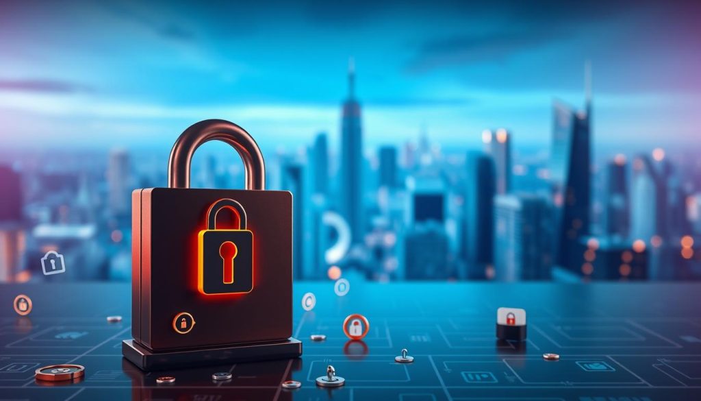 A secure SSL proxy stands tall, its digital fortress guarding against online threats. In the foreground, a locked padlock icon symbolizes the encrypted connection, while scattered icons depict protected data, secure transactions, and privacy safeguards. The middle ground features a sleek, modern interface with clean lines and subtle gradients, reflecting the proxy's seamless integration. In the background, a cityscape backdrop suggests the proxy's role in navigating the vast, interconnected digital world safely. Warm lighting and a serene atmosphere convey the peace of mind that an SSL proxy provides, empowering users to browse, stream, and transact with confidence.