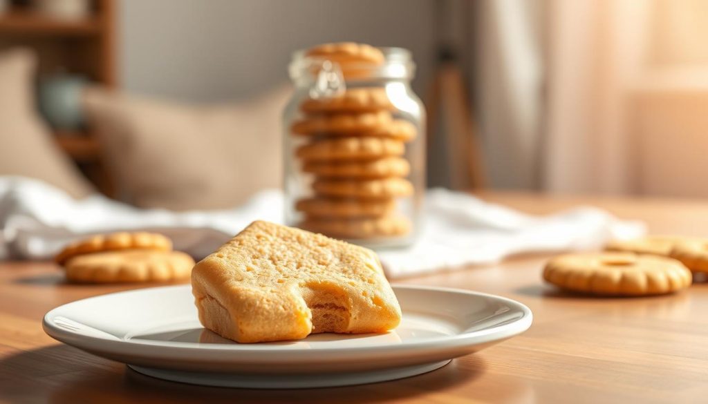 A serene, warm-toned scene depicting the concept of first-party cookies. In the foreground, a delicate, freshly baked cookie rests on a clean, white plate, its golden-brown surface glistening invitingly. The cookie's design resembles a simple, elegant house shape, symbolizing the website's direct connection to the user. In the middle ground, a transparent, glass jar filled with similar cookies sits on a wooden table, conveying the idea of the website's local storage and memory. The background features a cozy, domestic setting, with soft lighting filtering through a window, casting a gentle glow on the scene. The overall mood is one of comfort, trust, and the website's direct relationship with the user, as if the website is offering a warm, homemade treat.