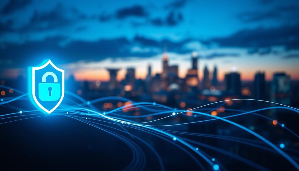 A sleek and modern digital landscape illustrating the concept of anonymous proxies. In the foreground, a stylized representation of a secure server icon, glowing softly with a blue hue, exuding a sense of privacy and security. In the middle ground, abstract lines and data streams flow smoothly, symbolizing internet connections and data transfer, intertwining around virtual shields to denote security. The background features a blurred city skyline at twilight, with computer screens reflecting data and code, suggesting a high-tech world. The atmosphere is calm and professional with subtle lighting effects that create depth and intrigue, evoking a sense of confidentiality and modernity. The overall mood should feel empowering and reassuring, highlighting the importance of online privacy.