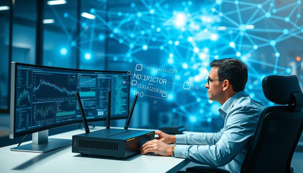 A sleek and modern digital workspace representing a reliable UDP proxy service. In the foreground, a professional businessperson sitting at a desk, focused on dual monitors displaying complex network graphs and data. The person wears smart casual attire, exuding a sense of expertise. In the middle ground, a sophisticated router with glowing indicators symbolizes high performance and security, while digital data packets visually flow through the air between devices. The background features a softly lit, high-tech office environment with abstract patterns of communication networks and bright blue and green hues, symbolizing connectivity and stability. The overall mood conveys professionalism and trust, with a slight futuristic touch, captured with soft lighting that enhances the technology theme. A sleek and modern digital workspace representing a reliable UDP proxy service. In the foreground, a professional businessperson sitting at a desk, focused on dual monitors displaying complex network graphs and data. The person wears smart casual attire, exuding a sense of expertise. In the middle ground, a sophisticated router with glowing indicators symbolizes high performance and security, while digital data packets visually flow through the air between devices. The background features a softly lit, high-tech office environment with abstract patterns of communication networks and bright blue and green hues, symbolizing connectivity and stability. The overall mood conveys professionalism and trust, with a slight futuristic touch, captured with soft lighting that enhances the technology theme.