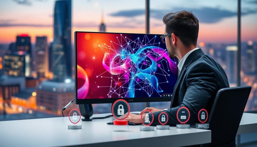 A sleek digital workspace featuring a person in professional business attire sitting at a modern desktop setup. The foreground showcases the user interacting with a computer screen displaying a colorful, abstract visualization of a distorting proxy network with shifting geometric shapes and flowing data streams. In the middle ground, various icons representing secure browsing tools hover around the screen. The background includes blurred images of a bustling city skyline at twilight, with gentle warm ambient lighting filtering through, creating a sense of connectivity and security. The atmosphere conveys a mix of professionalism and high-tech innovation, emphasizing the importance of secure and efficient browsing. The camera angle is slightly elevated, providing a comprehensive view of the workspace.