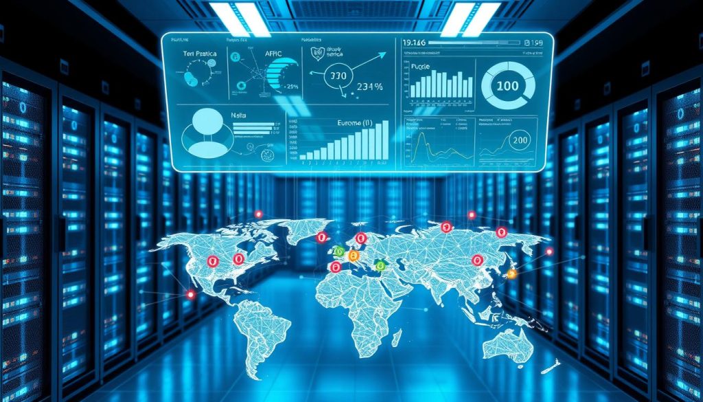 A sleek, futuristic data center with rows of server racks and blinking lights. In the foreground, a world map with different colored markers representing proxy IP locations, ranging from North America to Europe to Asia. The map is overlaid with a neural network visualization, the nodes and connections pulsing with data. Overhead, a large holographic display shows various proxy classification metrics and analytics. The lighting is cool and blue, creating a sense of technological sophistication. The scene conveys the complex infrastructure and data-driven nature of proxy IP location classification.