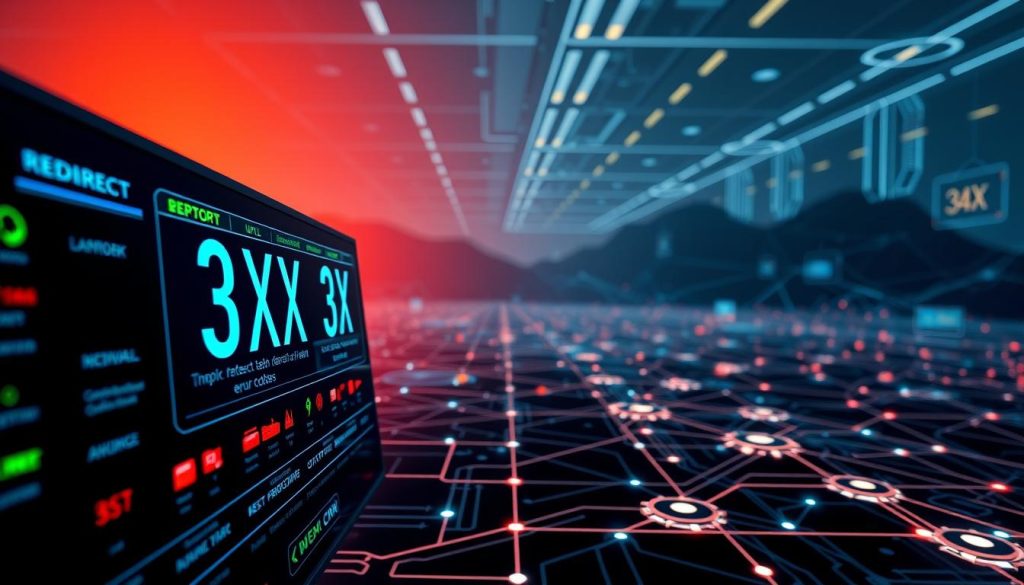 A sleek, high-tech control panel displaying a series of 3xx error codes, indicating redirection protocols. The foreground features bold, colorful icons and text overlays, conveying the navigation and URL changes associated with these codes. The middle ground showcases a detailed, wire-frame model of a computer network, with various nodes and connections illustrating the complex infrastructure behind these redirects. The background is a dimly lit, futuristic landscape, with glowing data streams and holographic interfaces, creating an atmosphere of technical sophistication and digital prowess. The overall scene evokes a sense of order, structure, and the seamless flow of information across the proxy network.
