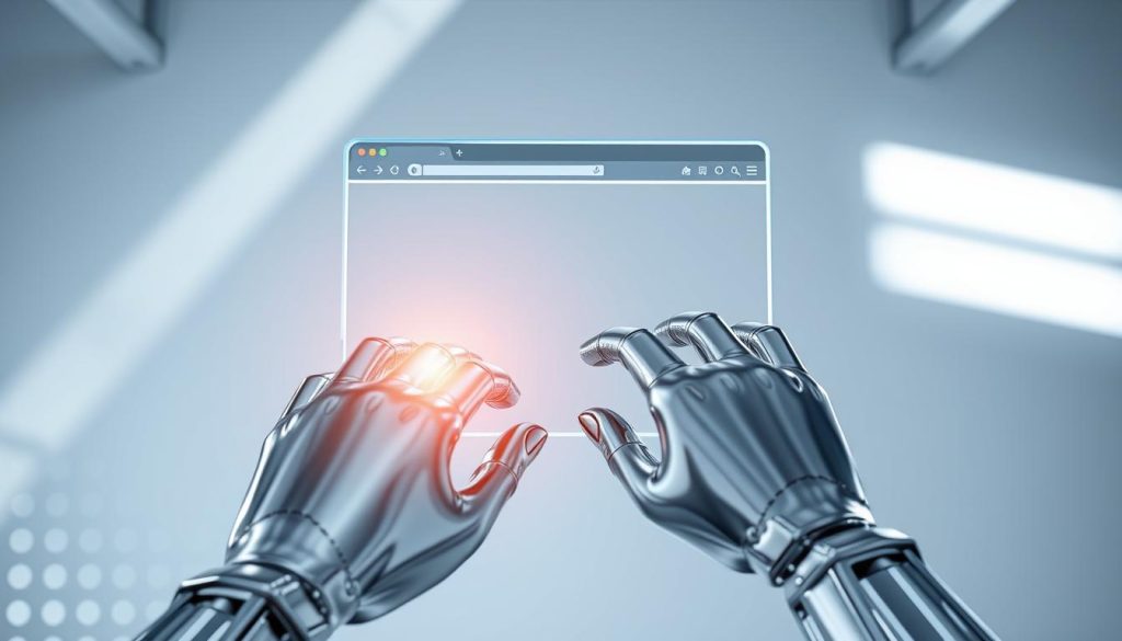 A sleek, metallic chrome browser window floating in a minimalist, industrial-inspired setting. Bright, directional lighting illuminates the intricate details of the browser interface, casting sharp shadows and highlights that accentuate its technological elegance. In the foreground, a pair of hands, rendered in a smooth, reflective chrome, manipulate the browser's controls, symbolizing the power of automated interaction with the virtual world. The background features a subtle grid pattern, hinting at the structured, programmatic nature of browser automation. The overall composition conveys a sense of precision, efficiency, and the seamless integration of man and machine.