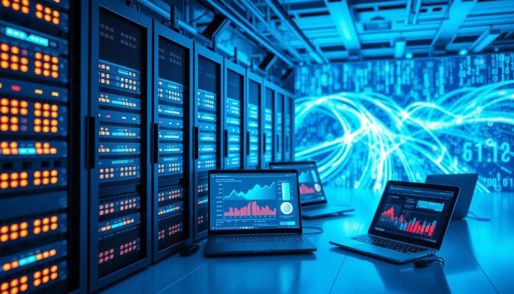 A sleek, modern computer network environment illustrating HTTP proxy technology. In the foreground, a high-tech server rack with glowing LED lights indicates data flow. In the middle, an array of interconnected devices, such as laptops and tablets, displaying vibrant screens with graphs and data analytics related to web traffic. The background features a digital representation of the internet, with binary code flowing like a river, symbolizing data transmission. Soft, cool blue lighting bathes the scene, creating a professional atmosphere. The image is captured from a slightly elevated angle to provide a comprehensive view, emphasizing the connectivity and complexity of HTTP proxies in a contemporary technical setting. The overall mood is innovative and dynamic, reflecting cutting-edge technology. A sleek, modern computer network environment illustrating HTTP proxy technology. In the foreground, a high-tech server rack with glowing LED lights indicates data flow. In the middle, an array of interconnected devices, such as laptops and tablets, displaying vibrant screens with graphs and data analytics related to web traffic. The background features a digital representation of the internet, with binary code flowing like a river, symbolizing data transmission. Soft, cool blue lighting bathes the scene, creating a professional atmosphere. The image is captured from a slightly elevated angle to provide a comprehensive view, emphasizing the connectivity and complexity of HTTP proxies in a contemporary technical setting. The overall mood is innovative and dynamic, reflecting cutting-edge technology.