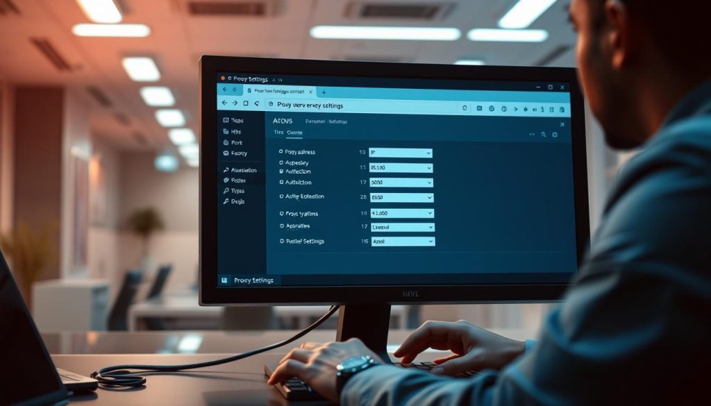 A sleek, modern digital workspace featuring a computer monitor displaying a detailed proxy server settings interface. In the foreground, a professional business person, dressed in smart attire, is focused on the screen, their fingers poised over a keyboard. The middle section reveals a multi-tabbed browser interface showcasing various proxy settings options, with an emphasis on IP addresses, port numbers, and authentication fields. The background subtly illustrates a high-tech office environment with soft, ambient lighting emanating from overhead LEDs, creating a calm yet concentrated atmosphere. The image should capture the essence of connectivity and data management, with a cool color palette dominated by blues and greens, evoking a sense of tech-savvy professionalism.