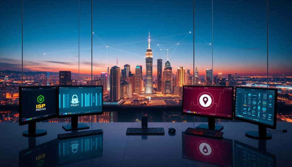A sleek modern digital workspace showcasing various types of proxy servers. In the foreground, a polished desk with multiple screens displaying vibrant visualizations of ISP proxies and residential proxies, each labeled with distinct icons. In the middle, a clear glass wall separating the workspace from an abstract data center filled with blinking servers and colorful data streams to symbolize connectivity. The background features a cityscape under a twilight sky, with digital networks illustrated in neon colors connecting the buildings. The lighting is bright yet soft, emphasizing the importance of technology in today's digital landscape. The atmosphere is professional and innovative, capturing the essence of advanced networking concepts in a dynamic environment.