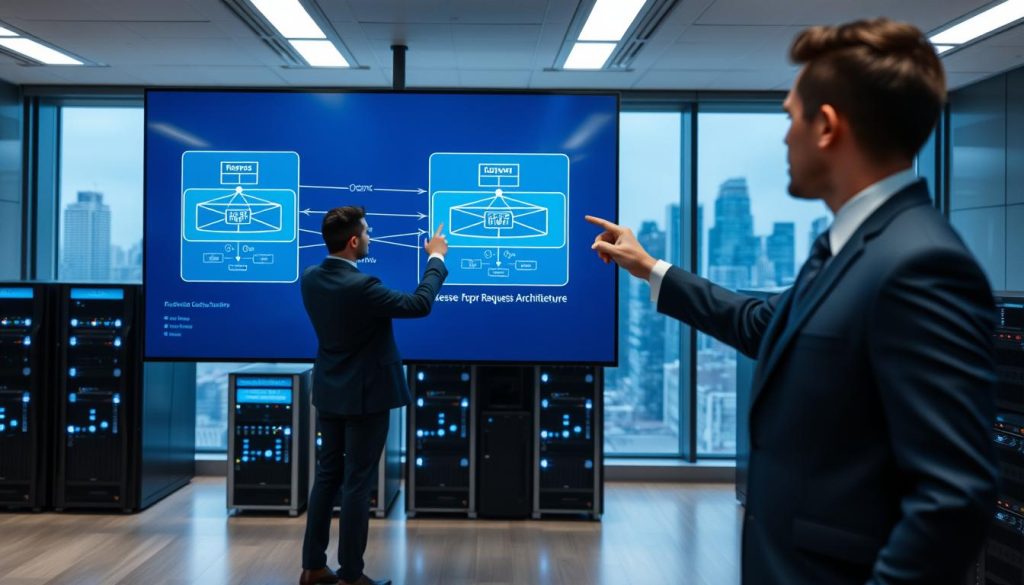 A sleek, modern office environment featuring a large digital screen displaying abstract network diagrams representing a reverse proxy server architecture. In the foreground, a professional business person in smart attire interacts with the screen, pointing to data flow lines that symbolize incoming and outgoing requests. The middle ground showcases multiple server racks with blinking lights, signifying active data processing. The background reveals a large window with city skyline views, indicating a tech-savvy atmosphere. Soft, diffused lighting illuminates the scene, creating a focused and attentive mood. A slight depth of field effect emphasizes the professional engaging with the technology, while the overall color palette is cool and modern, with blues and grays dominating.
