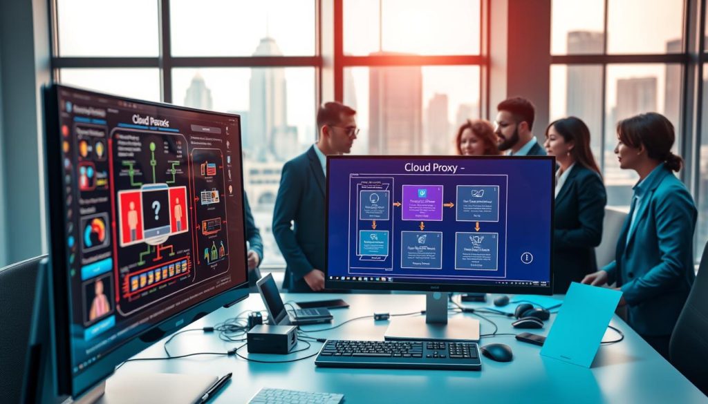 A sleek, modern office setting with a focus on a computer workstation displaying an abstract representation of a cloud proxy setup. In the foreground, a high-resolution computer monitor shows network diagrams and proxy configurations with vibrant colors. The middle section features a diverse group of professionals in business attire discussing the setup, with expressions of concentration and collaboration. A stylish desk with tech gadgets and a city skyline view through a window sets the background, capturing a sense of innovation. The lighting is bright and focused, highlighting the screens while keeping the environment dynamic yet professional. The overall mood is collaborative and progressive, embodying the future of secure online access through cloud technologies.