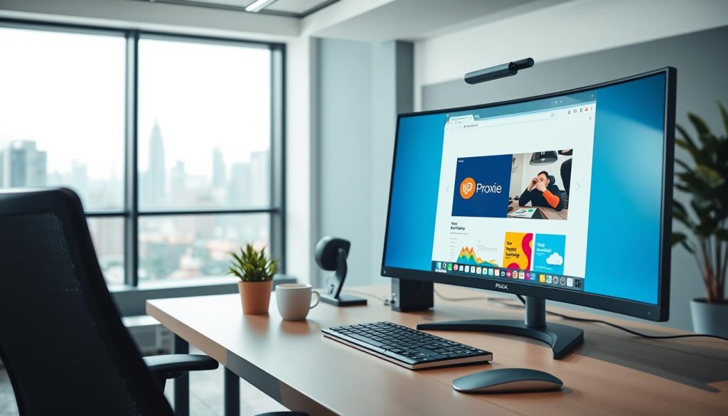 A sleek, modern office setup with a developer's desk, a large curved monitor displaying a web browser window, and a keyboard with "Proxies" visibly written on one of the keys. The room is well-lit, with soft diffused lighting from overhead fixtures, creating a productive and professional atmosphere. The desk is organized, with a potted plant, a cup of coffee, and other work essentials. The background features a subtle cityscape through a large window, hinting at the global reach of browser automation testing.