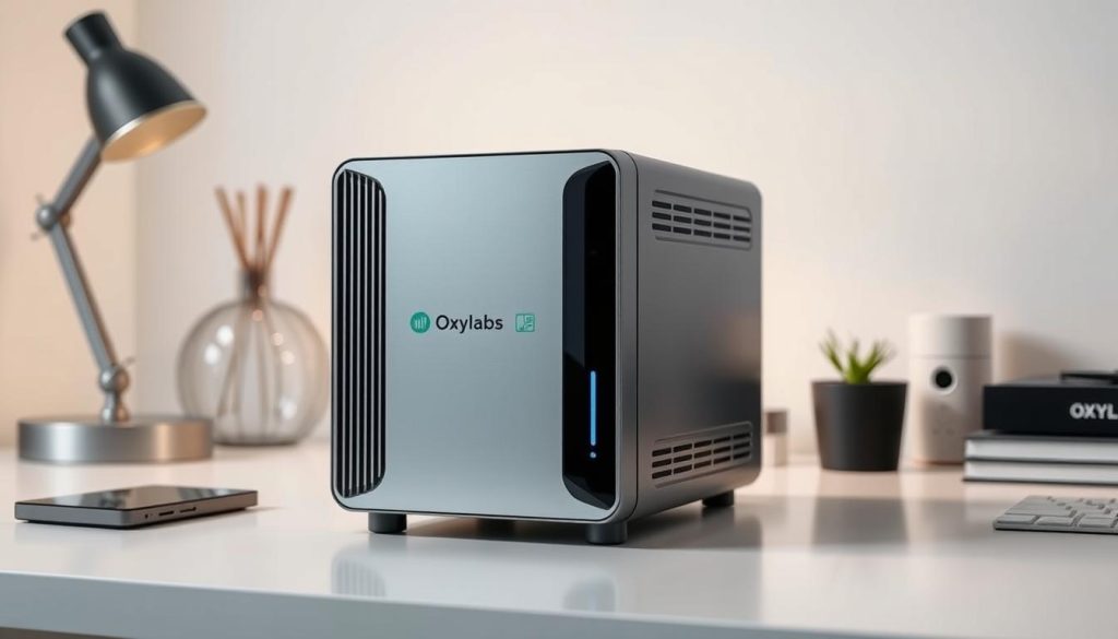 A sleek, modern residential proxy server by Oxylabs, illuminated by soft, directional lighting. The device's metallic casing gleams, hinting at its advanced engineering and technological capabilities. The proxy server is situated on a minimalist, clutter-free desk, surrounded by a thoughtful arrangement of complementary office decor, conveying Oxylabs' commitment to innovation and user experience. The scene exudes a sense of professionalism, efficiency, and the cutting edge of residential proxy solutions. A sleek, modern residential proxy server by Oxylabs, illuminated by soft, directional lighting. The device's metallic casing gleams, hinting at its advanced engineering and technological capabilities. The proxy server is situated on a minimalist, clutter-free desk, surrounded by a thoughtful arrangement of complementary office decor, conveying Oxylabs' commitment to innovation and user experience. The scene exudes a sense of professionalism, efficiency, and the cutting edge of residential proxy solutions.