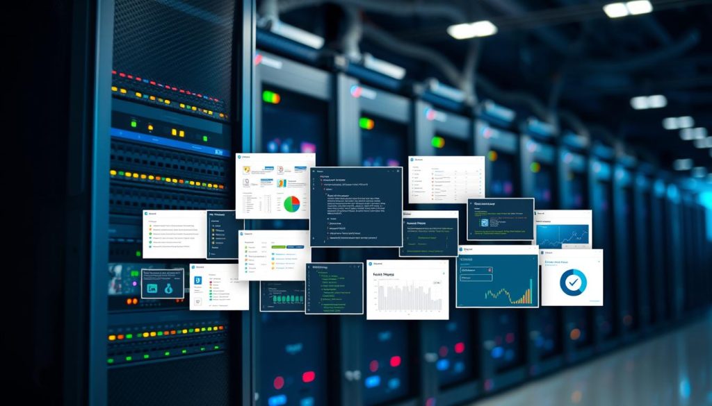 A sleek, modern server rack dominates the foreground, its array of blinking lights and pristine metallic exterior conveying a sense of technological sophistication. In the middle ground, a diverse selection of server management tools and interfaces are displayed, showcasing intuitive dashboards, command-line utilities, and performance monitoring solutions. The background is softly blurred, hinting at a complex network of interconnected servers, cables, and infrastructure that these tools help manage and maintain. The overall scene is bathed in a cool, ambient lighting that emphasizes the precise, efficient nature of server administration, creating an atmosphere of controlled power and professionalism.