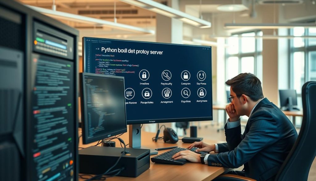 A sleek, modern workspace featuring a computer setup displaying code related to a Python proxy server, with visible elements like a server rack and network diagrams in the foreground. A person in professional business attire is intently focused on debugging the code, emphasizing the technical aspect of building a proxy server. In the middle ground, a large monitor showcases benefits such as improved security, bandwidth management, and anonymity, illustrated with visually appealing icons. The background includes a bright and organized office environment with soft natural lighting pouring through a window, creating a productive and positive atmosphere. The angle is slightly elevated, providing a comprehensive view of the workspace, while maintaining a warm, inviting mood. A sleek, modern workspace featuring a computer setup displaying code related to a Python proxy server, with visible elements like a server rack and network diagrams in the foreground. A person in professional business attire is intently focused on debugging the code, emphasizing the technical aspect of building a proxy server. In the middle ground, a large monitor showcases benefits such as improved security, bandwidth management, and anonymity, illustrated with visually appealing icons. The background includes a bright and organized office environment with soft natural lighting pouring through a window, creating a productive and positive atmosphere. The angle is slightly elevated, providing a comprehensive view of the workspace, while maintaining a warm, inviting mood.