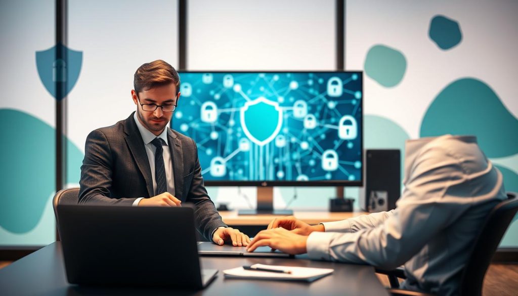A sleek, modern workspace in the foreground, featuring a professional individual in business attire, intently working on a laptop, surrounded by digital security symbols like shields and locks. In the middle ground, a large computer monitor displays a visual representation of interconnected networks, streams of data flowing through anonymous proxies. The background features a calming blend of blues and greens, evoking a sense of security and tranquility, with abstract shapes symbolizing the vast digital landscape. Soft, diffused lighting creates a warm, inviting atmosphere, while a slight depth of field blurs the background slightly, bringing focal attention to the individual and their work. The overall mood conveys confidence and control over online privacy through the use of anonymous proxy services.