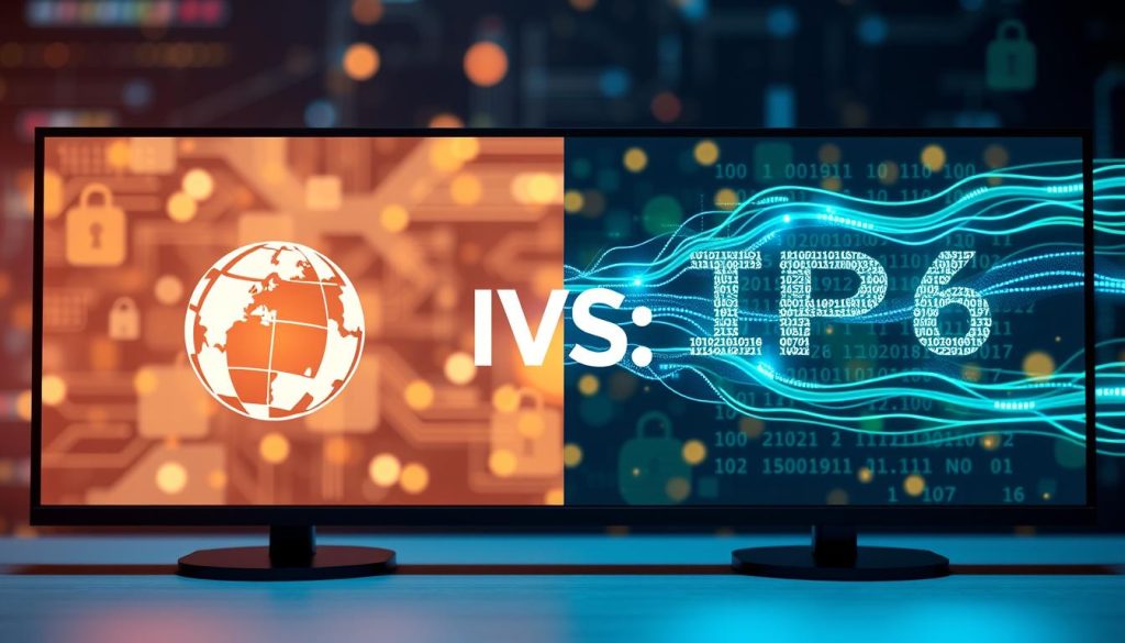 A split-screen illustration depicting the comparison between IPv4 and IPv6 protocols. In the foreground, on the left, display a visual representation of IPv4 with a classic network iconography, such as four octets and a globe, in a warm light. On the right, show IPv6 featuring its hexadecimal structure with a flowing data stream, incorporating bright blue and green hues. In the middle ground, use abstract digital enhancements representing data transfer, security, and network connectivity. The background should subtly blend circuitry patterns and binary code to convey a tech-oriented atmosphere. Use soft lighting to give the image depth and maintain a professional, informative mood. The angle should create a sense of balance between both protocols, highlighting their key differences in a sleek, modern style. A split-screen illustration depicting the comparison between IPv4 and IPv6 protocols. In the foreground, on the left, display a visual representation of IPv4 with a classic network iconography, such as four octets and a globe, in a warm light. On the right, show IPv6 featuring its hexadecimal structure with a flowing data stream, incorporating bright blue and green hues. In the middle ground, use abstract digital enhancements representing data transfer, security, and network connectivity. The background should subtly blend circuitry patterns and binary code to convey a tech-oriented atmosphere. Use soft lighting to give the image depth and maintain a professional, informative mood. The angle should create a sense of balance between both protocols, highlighting their key differences in a sleek, modern style.