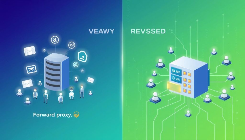 A split-screen illustration depicting the comparison between forward and reverse proxies. On the left side, a forward proxy representation: a sleek server icon surrounded by users, illustrating anonymity and security, with glowing connections to various simplistic icons like web pages and email. On the right side, a reverse proxy representation: a robust server icon shielded by a firewall, with multiple users accessing it, connected to diverse backend server icons, highlighting efficiency and resource management. The background should be a soft gradient, shifting from blue on the left to green on the right, with a subtle digital network pattern overlay. Use bright but soft lighting to create a professional, informative atmosphere, focusing on clarity and color contrast.