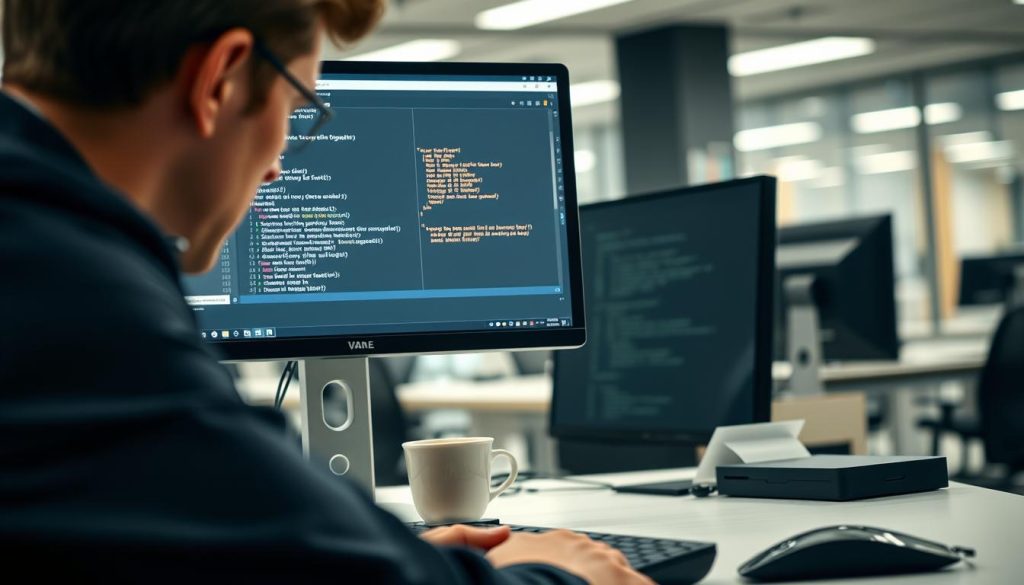 A technical workspace featuring a computer screen displaying a clean and organized code editor, showcasing a node-fetch proxy configuration in JavaScript. In the foreground, a professional wearing business attire is intently focused on the screen, with a backdrop of a modern office environment. The lighting is bright, emphasizing clarity, and the angle is slightly tilted downward to capture both the screen and the professional’s concentration. In the middle, a coffee cup sits on the desk beside the keyboard, adding a personal touch to the workspace. The overall mood is one of focus and productivity, illustrating the theme of preparation for implementing proxy settings with node-fetch in a visually engaging manner. The background remains blurred to maintain emphasis on the configuration on the screen. A technical workspace featuring a computer screen displaying a clean and organized code editor, showcasing a node-fetch proxy configuration in JavaScript. In the foreground, a professional wearing business attire is intently focused on the screen, with a backdrop of a modern office environment. The lighting is bright, emphasizing clarity, and the angle is slightly tilted downward to capture both the screen and the professional’s concentration. In the middle, a coffee cup sits on the desk beside the keyboard, adding a personal touch to the workspace. The overall mood is one of focus and productivity, illustrating the theme of preparation for implementing proxy settings with node-fetch in a visually engaging manner. The background remains blurred to maintain emphasis on the configuration on the screen.