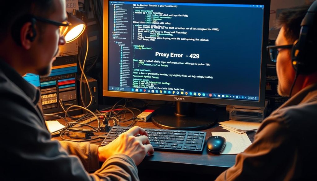 A technician's workspace, with a computer screen displaying a troubling "Proxy Error 429" message. The desk is cluttered with cables, tools, and reference materials, conveying a sense of active problem-solving. The lighting is warm and focused, highlighting the concentrated expression on the technician's face as they navigate the issue. The background is slightly blurred, keeping the focus on the computer screen and the hands working to resolve the proxy error.