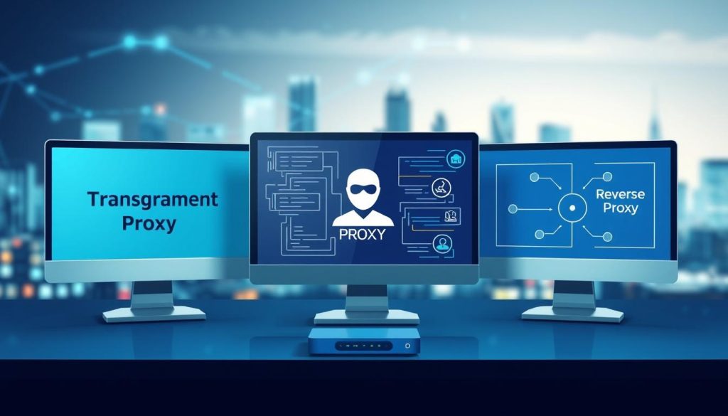 A visually engaging and informative illustration depicting different types of proxy servers. In the foreground, showcase three distinct computer monitors: one displaying a transparent proxy, another showcasing an anonymous proxy, and the last one illustrating a reverse proxy, each with unique visual indicators or diagrams to represent their functions. In the middle ground, include a network router and scattered digital symbols like lines of code or network connections. The background should present a tech-themed environment with a blurred city skyline, symbolizing connectivity. Use soft, cool lighting to create a professional atmosphere, emphasizing clarity and focus on the proxy monitors. The overall mood should be insightful and educational, perfect for a tech-savvy audience looking to understand proxy servers.