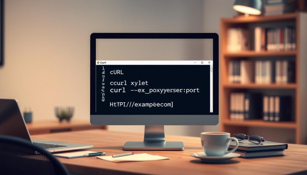 A visually informative scene depicting a command-line interface showcasing a cURL command example using a proxy. In the foreground, display a stylized computer monitor with the terminal window open, clearly illustrating a cURL command such as "curl -x proxy_server:port http://example.com" in a sleek, modern font. The middle layer features a well-organized desk with a laptop, notes, and a coffee cup, symbolizing a tech workspace. In the background, soft, ambient lighting creates a focused yet relaxed atmosphere, with a blurred bookshelf lined with technical books. The image should convey a sense of professionalism and clarity, ideal for an educational context, with no text overlays or distracting elements.