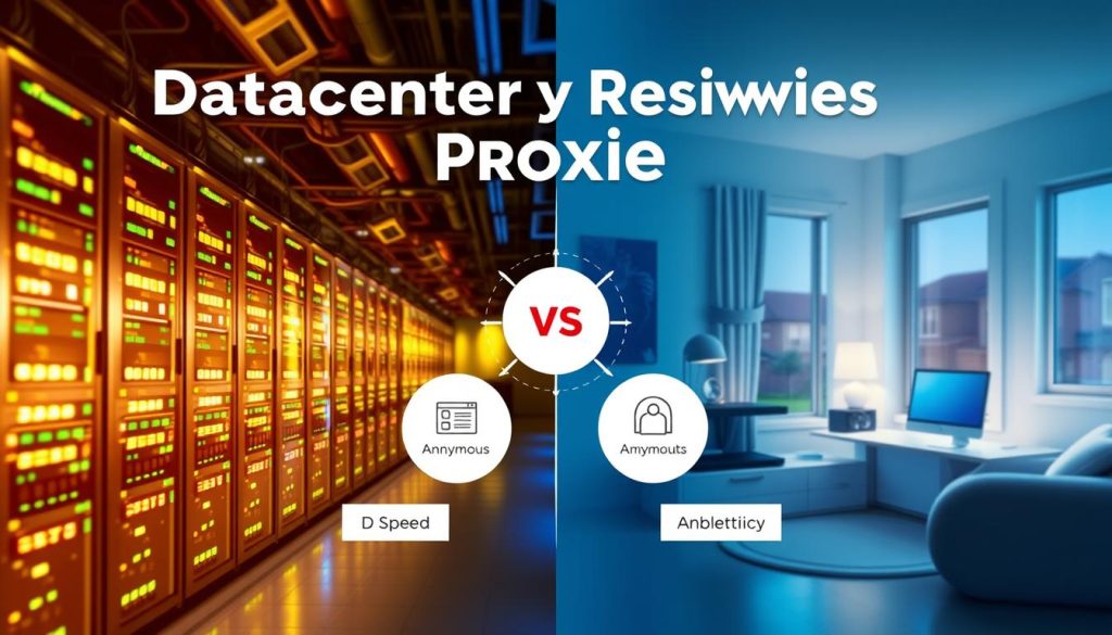 A visually striking illustration comparing datacenter proxies and residential proxies. The foreground features two distinct sections: on the left, a modern datacenter with rows of high-tech servers, glowing LED lights, and data cables, symbolizing efficiency and speed. On the right, a cozy residential setting with a computer in a bright, airy room, showcasing a casual atmosphere with a window view of a neighborhood, representing privacy and authenticity. In the middle ground, a split diagram highlights key differences between the two, featuring icons for speed, anonymity, and cost-effectiveness. The background is softly blurred, with cool blue lighting on the datacenter side and warm yellow tones on the residential side, creating a balanced contrast. The mood is informative and engaging, ideal for a tech-focused audience. A visually striking illustration comparing datacenter proxies and residential proxies. The foreground features two distinct sections: on the left, a modern datacenter with rows of high-tech servers, glowing LED lights, and data cables, symbolizing efficiency and speed. On the right, a cozy residential setting with a computer in a bright, airy room, showcasing a casual atmosphere with a window view of a neighborhood, representing privacy and authenticity. In the middle ground, a split diagram highlights key differences between the two, featuring icons for speed, anonymity, and cost-effectiveness. The background is softly blurred, with cool blue lighting on the datacenter side and warm yellow tones on the residential side, creating a balanced contrast. The mood is informative and engaging, ideal for a tech-focused audience.