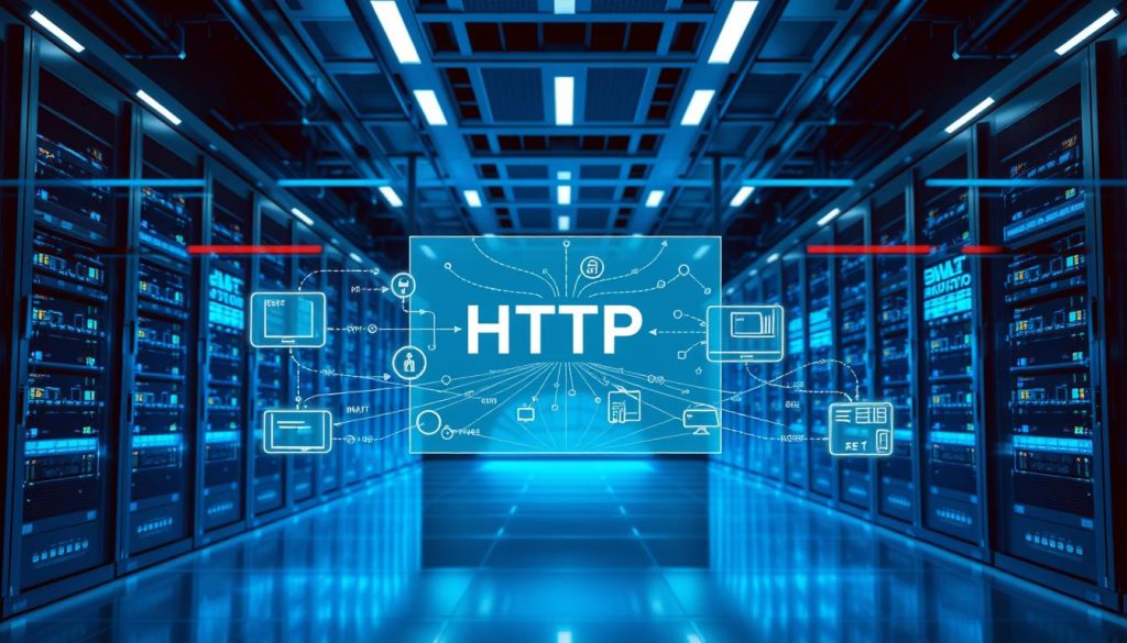 A visually striking illustration of an HTTP Proxy concept, featuring a sleek, modern server room filled with high-tech servers and networking equipment in the foreground. In the middle, show a transparent network diagram with data packets traveling between user devices and servers, symbolizing the proxy function. The background should have subtle digital screens displaying data flow and web traffic, bathed in cool, blue lighting to create a tech-savvy atmosphere. Use a wide-angle lens to capture the expansive server room, with dynamic lighting highlighting the intricate details of the server setups. The overall mood should be one of connectivity and efficiency, emphasizing the essential role of HTTP proxies in web navigation. A visually striking illustration of an HTTP Proxy concept, featuring a sleek, modern server room filled with high-tech servers and networking equipment in the foreground. In the middle, show a transparent network diagram with data packets traveling between user devices and servers, symbolizing the proxy function. The background should have subtle digital screens displaying data flow and web traffic, bathed in cool, blue lighting to create a tech-savvy atmosphere. Use a wide-angle lens to capture the expansive server room, with dynamic lighting highlighting the intricate details of the server setups. The overall mood should be one of connectivity and efficiency, emphasizing the essential role of HTTP proxies in web navigation.