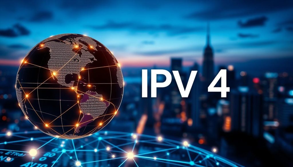 A visually striking representation of the IPv4 protocol, prominently displayed in the foreground with a stylized digital globe and interconnected network nodes. The globe should feature a world map with bright, glowing lines indicating data transmission across continents, emphasizing global connectivity. In the middle ground, illustrate abstract binary code and network diagrams, symbolizing data packets and routing pathways. In the background, create a soft-focus city skyline as a metaphor for technological advancement, with a twilight atmosphere casting a blue and purple hue, suggesting the high-tech environment of the internet. Use cinematic lighting, ensuring the foreground elements are sharply defined while the background blends softly, evoking a sense of depth. The overall mood should be informative and innovative, showcasing the importance of IPv4 in modern communication networks.