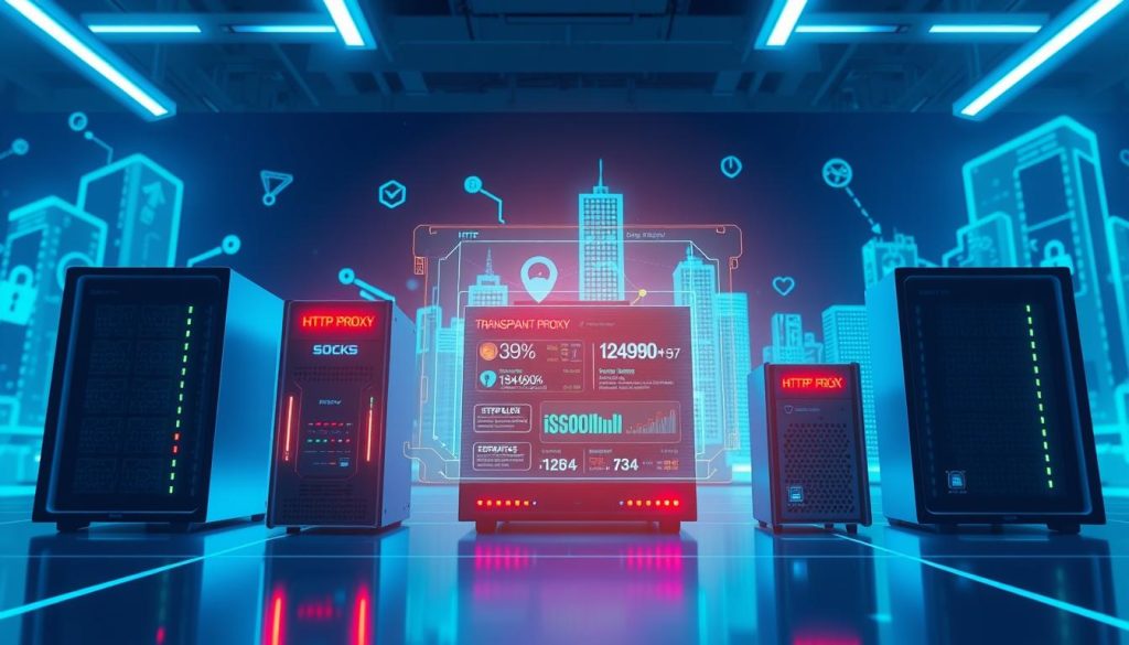 A visually striking representation of various types of anonymous proxy servers, set in a futuristic digital workspace. In the foreground, sleek, high-tech servers with glowing LED indicators showcase diversity in design, labeled as 'HTTP Proxy', 'SOCKS Proxy', and 'Transparent Proxy'. In the middle ground, a holographic interface displays real-time data flow and statistics, evoking a sense of advanced technology. The background features a digital cityscape, with abstract shapes symbolizing secure networks and data protection, illuminated by a soft blue and green glow. The lighting is cool and clinical, enhancing the tech atmosphere, while a low-angle perspective creates a sense of depth and sophistication. The overall mood is one of security, anonymity, and cutting-edge innovation.