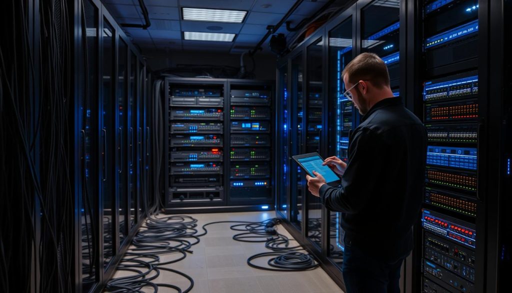 A well-designed server rack stands in a dimly lit server room, its sleek metal panels reflecting the soft blue glow of diagnostic lights. Rows of network cables, some thick and bundled, others thin and coiled, snake across the floor, converging at the base of the rack. An array of switches and routers occupy the middle section, their blinking LEDs indicating active SOCKS5 proxy connections. In the foreground, a system administrator examines a tablet, analyzing performance metrics and connection statistics for the reliable proxy servers housed within. The atmosphere is one of quiet efficiency, underscoring the importance of these secure, high-performance networking resources.