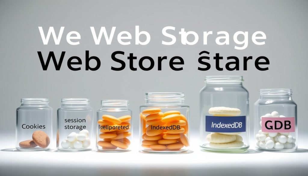 A well-lit, detailed illustration showcasing the various types of web storage, including cookies, local storage, session storage, and IndexedDB. The foreground displays transparent glass containers representing each storage type, arranged in a visually appealing manner. The middle ground features a clean, minimalist background with a subtle grid pattern, highlighting the technical nature of the subject. The lighting is soft and evenly distributed, creating a sense of depth and clarity. The composition is balanced, drawing the viewer's attention to the key elements of the illustration. The overall mood is informative, educational, and visually engaging, suitable for an article on understanding web storage types.