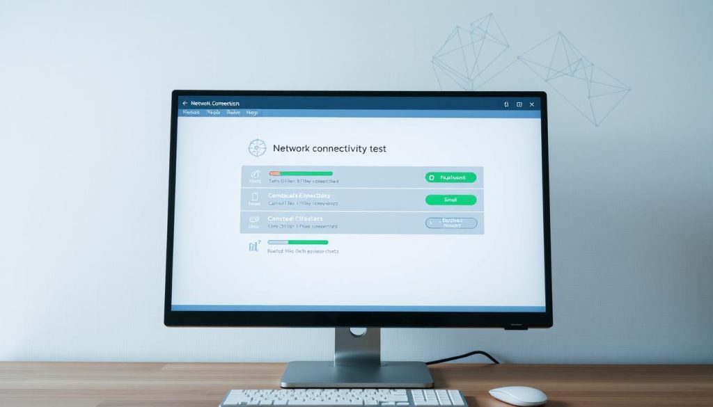 A well-lit, high-resolution image of a computer desktop displaying a network connectivity test, showing the various stages of the test with visual indicators like progress bars, status icons, and diagnostic information. The interface should have a clean, modern design with a minimal, uncluttered layout. The background should feature a subtle grid pattern or abstract geometric elements, suggesting a digital, technological environment. The overall mood should convey a sense of efficiency, troubleshooting, and problem-solving, with the image clearly illustrating the concept of checking one's internet connection.