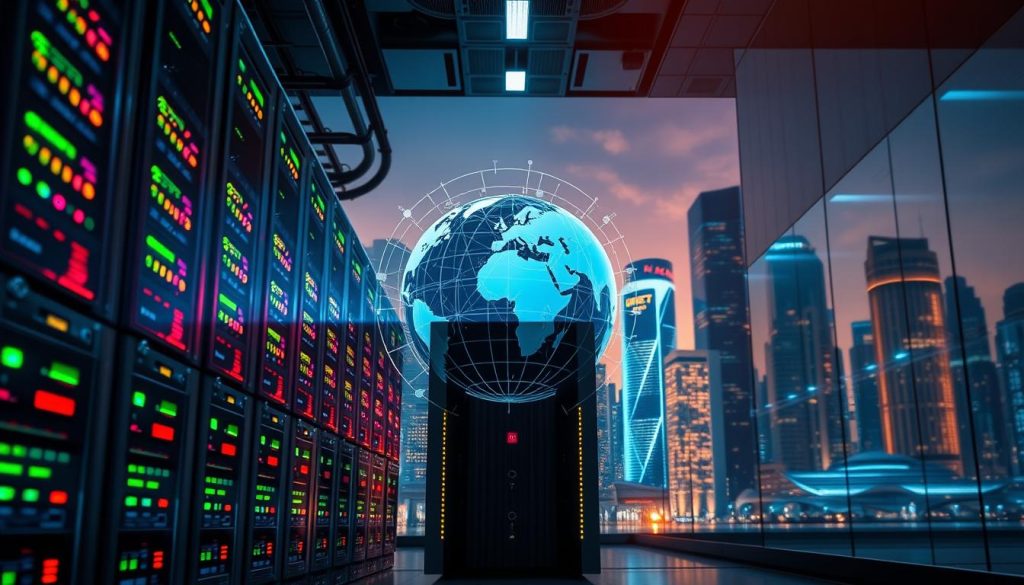 An abstract representation of a proxy server, with a futuristic server room in the foreground showcasing vibrant, glowing server racks. The middle layer features a digital globe, symbolizing global connectivity and data flow through dynamic lines and circuits. The background includes a sleek, high-tech cityscape with a dusk ambiance, where the buildings are illuminated by soft neon lights. A warm, professional lighting casts gentle shadows across the scene, enhancing the technological mood. The angle is a slightly low perspective, emphasizing the towering servers and the intricate network connections. The overall atmosphere is one of innovation and connectivity, capturing the essence of how proxy servers function in a modern digital landscape.