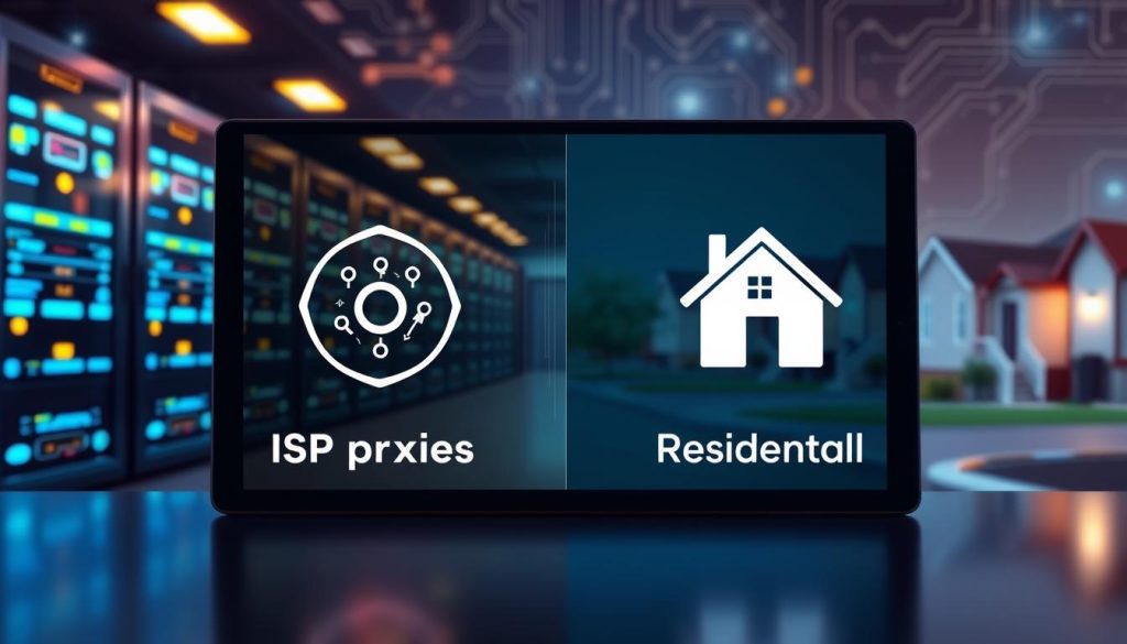 An illustration showcasing the difference between ISP proxies and residential proxies. In the foreground, a sleek digital interface displays two distinct proxy icons—one representing ISP proxies with a network node symbol and the other symbolizing residential proxies with a house icon. In the middle, a split-screen effect delineates the two categories, with a tech-inspired backdrop of server racks on the left for ISP proxies, contrasted by a suburban neighborhood scene on the right for residential proxies. The background is an abstract blend of circuit patterns and home elements, symbolizing the relationship between technology and everyday life. The lighting is bright and crisp, enhancing the professional atmosphere, while the angle is slightly tilted to create depth and interest. The overall mood conveys clarity and innovation in the realm of internet services.
