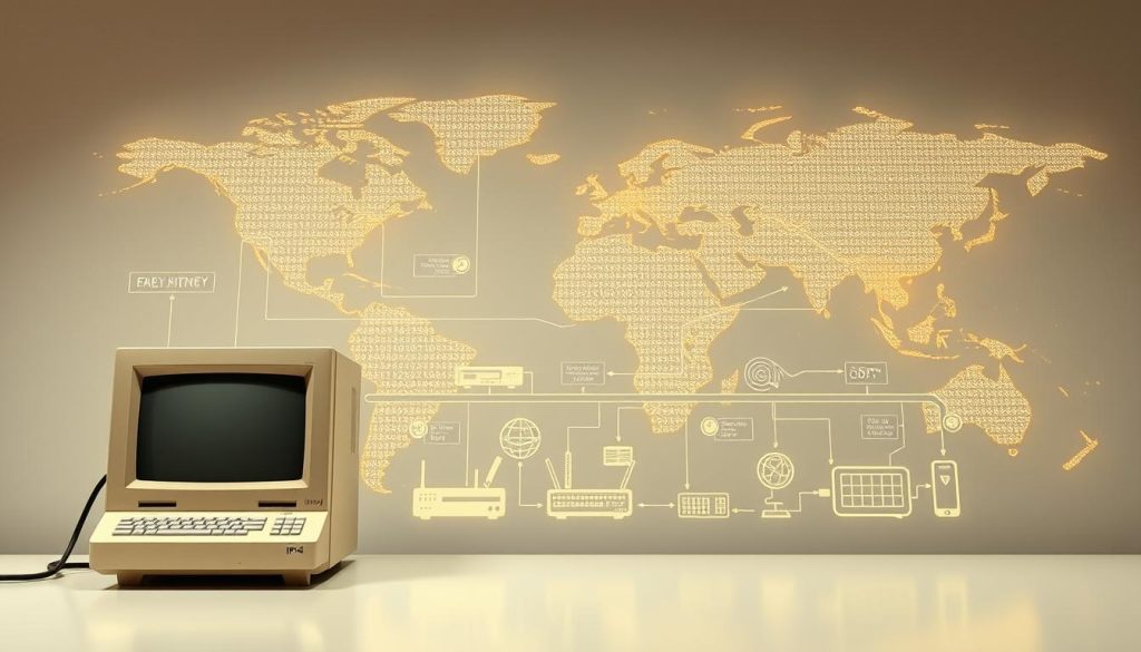 An informative and visually engaging illustration of the history and evolution of IPv4. Foreground features a vintage computer, symbolic of early internet technology, with a flowing timeline of key milestones illustrated behind it, including significant events like the introduction of subnetting and the transition from classful addressing to CIDR. In the middle ground, display a series of iconic internet symbols, like routers and early networking diagrams, depicted in a sleek, modern style. The background should showcase a stylized, abstract world map with glowing network connections to symbolize global communication. Soft, diffused lighting creates a professional atmosphere, while the angle is slightly elevated, providing depth. The mood is educational and inspiring, reflecting the evolution of digital connectivity without any text overlays.