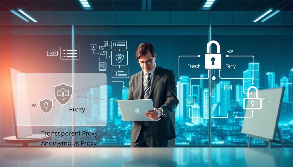 An informative illustration showcasing different types of HTTP proxy servers in a sleek, modern workspace. In the foreground, a highly detailed diagram divides into sections labeled "Transparent Proxy," "Anonymous Proxy," and "High Anonymity Proxy," with visual metaphors for each type, like shields and locks. The middle ground features a professional individual in business attire, analyzing data on a laptop, surrounded by flowcharts and data streams representing internet traffic. In the background, a digital cityscape symbolizes technology and connectivity, with subtle blue and green hues creating a calming atmosphere. The lighting is bright and focused, highlighting the subject and diagrams, while ensuring a clear and professional look, captured with a wide-angle lens to encompass the depth of the workspace. An informative illustration showcasing different types of HTTP proxy servers in a sleek, modern workspace. In the foreground, a highly detailed diagram divides into sections labeled "Transparent Proxy," "Anonymous Proxy," and "High Anonymity Proxy," with visual metaphors for each type, like shields and locks. The middle ground features a professional individual in business attire, analyzing data on a laptop, surrounded by flowcharts and data streams representing internet traffic. In the background, a digital cityscape symbolizes technology and connectivity, with subtle blue and green hues creating a calming atmosphere. The lighting is bright and focused, highlighting the subject and diagrams, while ensuring a clear and professional look, captured with a wide-angle lens to encompass the depth of the workspace.