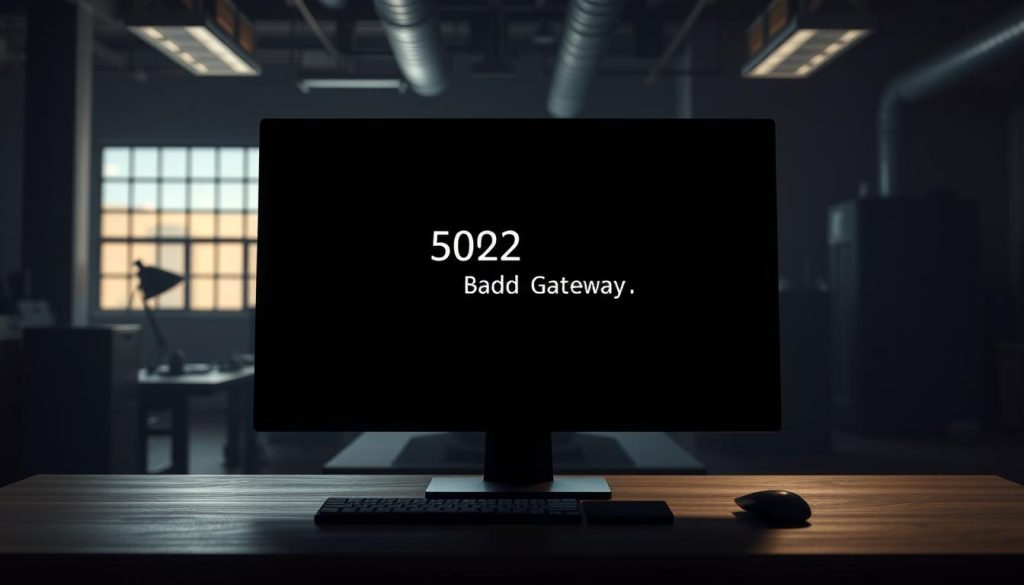 a highly detailed, cinematic rendering of a 502 proxy error message displayed on a large computer screen, with a dimly lit, industrial-style office environment visible in the background. The screen shows a prominent 502 error code, along with a concise error message that reads "Bad Gateway" in a clean, modern font. The screen is the central focus, with soft, dramatic lighting illuminating the error message and casting long shadows across the desk and office space. The overall mood is one of frustration and technical difficulty, with a sense of the user's struggle to resolve the issue.