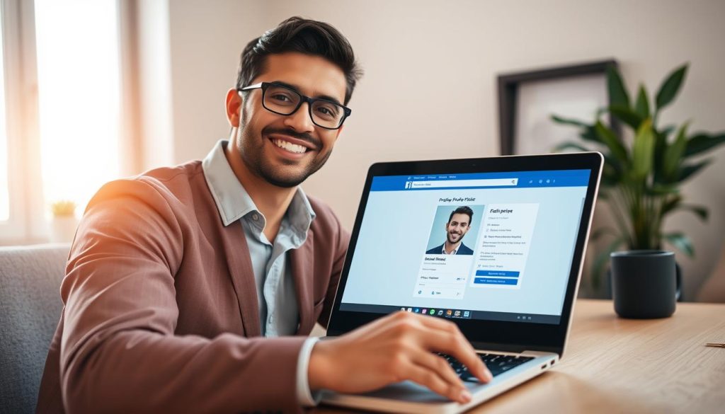 A close-up of a professional-looking individual setting up their Facebook profile picture. The person, dressed in smart casual attire, smiles confidently while using a laptop, positioned in a cozy home office. The foreground features the laptop with a clear view of the Facebook profile setup screen, showcasing a placeholder profile picture and editing options. In the middle, the individual is framed by a tidy workspace, complete with a plant and a coffee mug to enhance the warm, inviting atmosphere. Soft, natural light filters through a nearby window, creating a bright and cheerful mood. The background suggests a modern home office with minimalistic decor. The overall composition conveys a sense of professionalism and approachability, ideal for social media engagement.