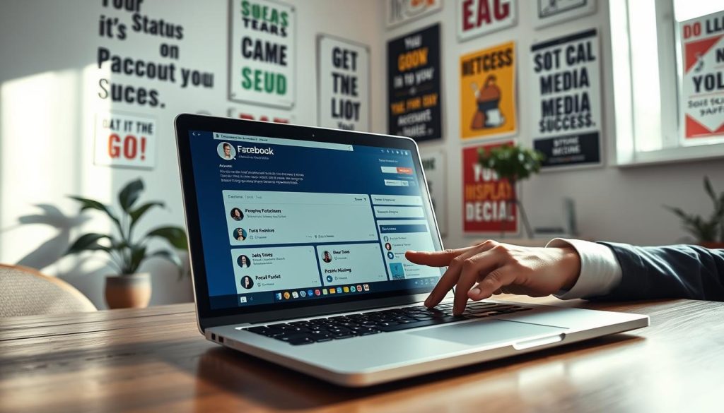 A close-up scene depicting a digital dashboard displaying the status of a Facebook account. In the foreground, a modern laptop sits open, showcasing the Facebook interface with user-friendly graphics and highlights of account status checks. The middle layer features a pair of hands in professional business attire, interacting with the laptop's touchpad and possibly pointing to the screen. In the background, a softly lit room filled with motivational posters related to social media success creates a productive atmosphere. Natural light filters through a window, casting gentle shadows and adding a warm vibe, while the overall mood exudes focus and determination. The image should be rich in detail, inviting viewers to engage with the concept of checking and managing social media accounts effectively. A close-up scene depicting a digital dashboard displaying the status of a Facebook account. In the foreground, a modern laptop sits open, showcasing the Facebook interface with user-friendly graphics and highlights of account status checks. The middle layer features a pair of hands in professional business attire, interacting with the laptop's touchpad and possibly pointing to the screen. In the background, a softly lit room filled with motivational posters related to social media success creates a productive atmosphere. Natural light filters through a window, casting gentle shadows and adding a warm vibe, while the overall mood exudes focus and determination. The image should be rich in detail, inviting viewers to engage with the concept of checking and managing social media accounts effectively.