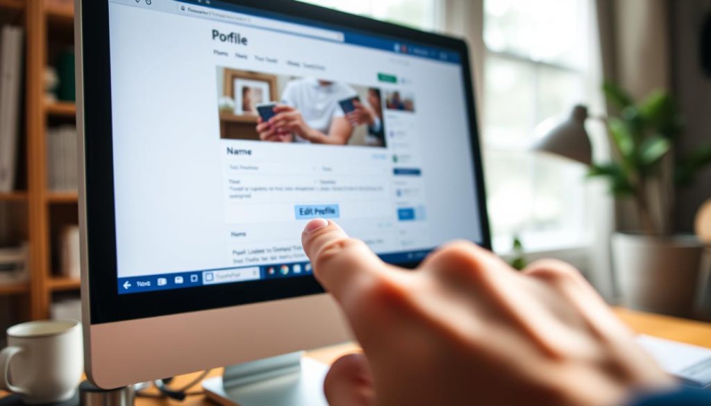 A close-up view of a computer screen displaying the Facebook interface, showing the "Edit Profile" button highlighted. The foreground features a hand hovering over the mouse cursor, ready to click. In the middle ground, the screen shows a clean, organized layout of the Facebook profile settings, with a focus on the name editing section. The background is softly blurred, hinting at a cozy home office environment with a warm, inviting ambiance. Soft natural light streams in from a window, casting gentle shadows. The mood is focused and encouraging, portraying a helpful and informative atmosphere. The scene has a professional, casual feel, suggesting readiness for users to update their profiles easily. A close-up view of a computer screen displaying the Facebook interface, showing the "Edit Profile" button highlighted. The foreground features a hand hovering over the mouse cursor, ready to click. In the middle ground, the screen shows a clean, organized layout of the Facebook profile settings, with a focus on the name editing section. The background is softly blurred, hinting at a cozy home office environment with a warm, inviting ambiance. Soft natural light streams in from a window, casting gentle shadows. The mood is focused and encouraging, portraying a helpful and informative atmosphere. The scene has a professional, casual feel, suggesting readiness for users to update their profiles easily.