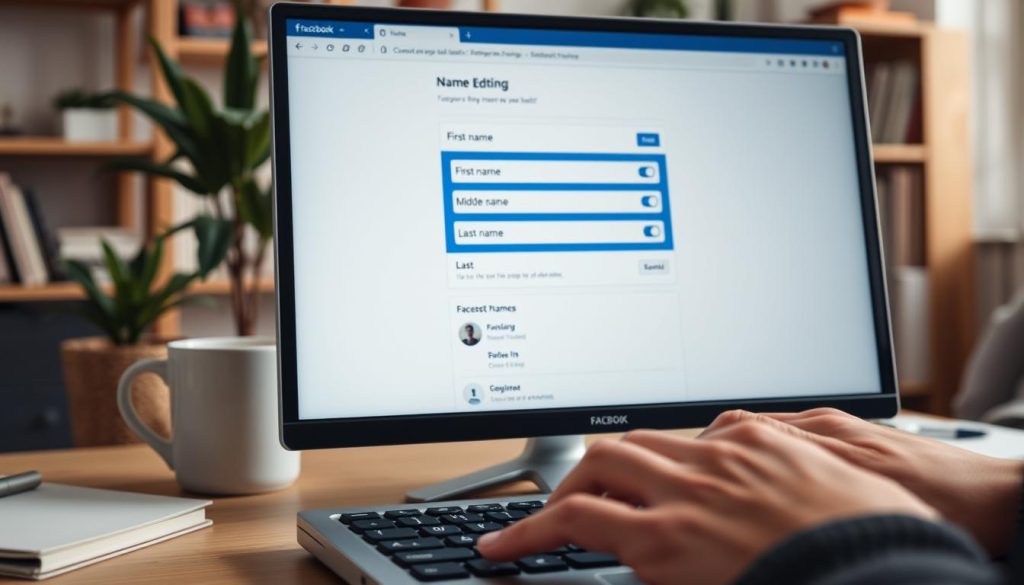 A close-up view of a computer screen displaying the Facebook name editing interface. In the foreground, a user’s hands are typing on a sleek keyboard, showcasing a well-organized workspace with a coffee cup and a notebook nearby. The middle ground features the Facebook name editing page open, highlighting fields for first name, middle name, and last name, all framed in soft, gentle lighting. In the background, a cozy home office setting with a plant and bookshelves adds warmth to the scene. The atmosphere is focused and productive, evoking a sense of concentration and ease in using the platform. The angle is slightly tilted to capture both the keyboard and the screen, emphasizing the action of editing names. A close-up view of a computer screen displaying the Facebook name editing interface. In the foreground, a user’s hands are typing on a sleek keyboard, showcasing a well-organized workspace with a coffee cup and a notebook nearby. The middle ground features the Facebook name editing page open, highlighting fields for first name, middle name, and last name, all framed in soft, gentle lighting. In the background, a cozy home office setting with a plant and bookshelves adds warmth to the scene. The atmosphere is focused and productive, evoking a sense of concentration and ease in using the platform. The angle is slightly tilted to capture both the keyboard and the screen, emphasizing the action of editing names.