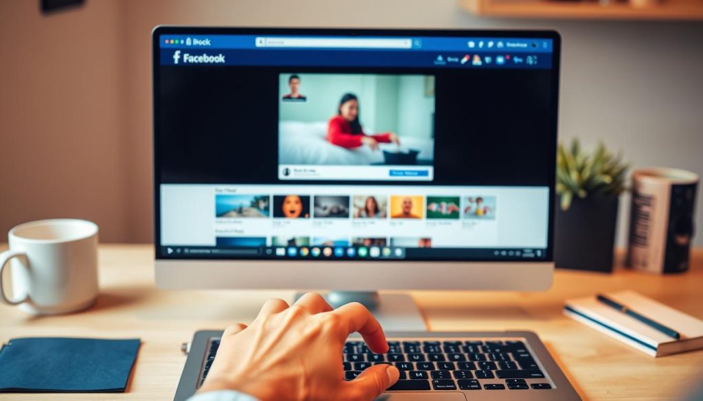 A computer screen displaying the Facebook interface, with a vibrant video playing in a prominent frame. In the foreground, a pair of hands, elegantly positioned, are using a modern laptop keyboard to navigate the options. In the middle ground, a colorful array of video thumbnails, highlighting various engaging content like travel adventures, cooking tutorials, and cute animal clips, adds visual interest. The background features a casually organized workspace with soft, warm lighting that creates an inviting atmosphere. A sleek coffee mug and a notepad hint at productivity, while a gentle bokeh effect subtly blurs the surroundings, focusing on the act of saving the video. The overall mood is one of casual efficiency and creativity, emphasizing the ease of downloading and enjoying Facebook videos.