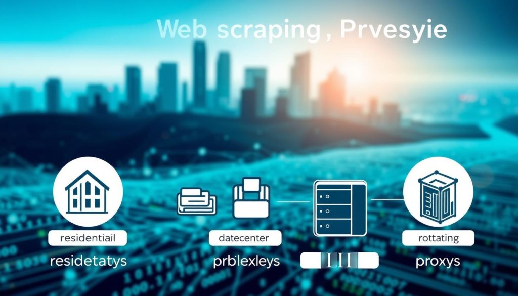 A detailed infographic illustration highlighting various types of web scraping proxies. In the foreground, visualize several distinct proxy types labeled clearly: residential proxies, datacenter proxies, mobile proxies, and rotating proxies, represented as stylized icons with connecting lines to emphasize their functions. The middle section features a digital landscape of abstract data streams and servers, symbolizing the web scraping process. In the background, a city skyline made of binary code integrates into a blue and green color scheme, evoking a sense of technology and innovation. Soft, focused lighting enhances the details, with a slight depth of field to create a professional ambiance. The overall mood is informative and engaging, perfect for a technical article.