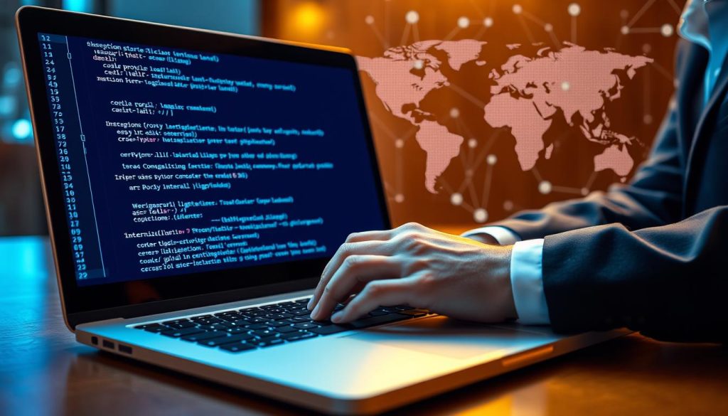 A detailed, tech-inspired illustration of a Python proxy server configuration setup. In the foreground, a sleek, modern laptop displays Python code snippets related to proxy configuration, illuminated by soft blue LED light. A pair of hands, clad in smart casual attire, is typing on the keyboard, symbolizing active engagement with the code. In the middle ground, there are visual elements representing the internet, such as abstract network nodes and dataflow lines, creating a sense of connectivity. The background features a stylized digital world map, hinting at global proxy usage. Warm ambient lighting enhances the focused atmosphere, evoking a sense of professionalism and innovation within the realm of technology. A detailed, tech-inspired illustration of a Python proxy server configuration setup. In the foreground, a sleek, modern laptop displays Python code snippets related to proxy configuration, illuminated by soft blue LED light. A pair of hands, clad in smart casual attire, is typing on the keyboard, symbolizing active engagement with the code. In the middle ground, there are visual elements representing the internet, such as abstract network nodes and dataflow lines, creating a sense of connectivity. The background features a stylized digital world map, hinting at global proxy usage. Warm ambient lighting enhances the focused atmosphere, evoking a sense of professionalism and innovation within the realm of technology.