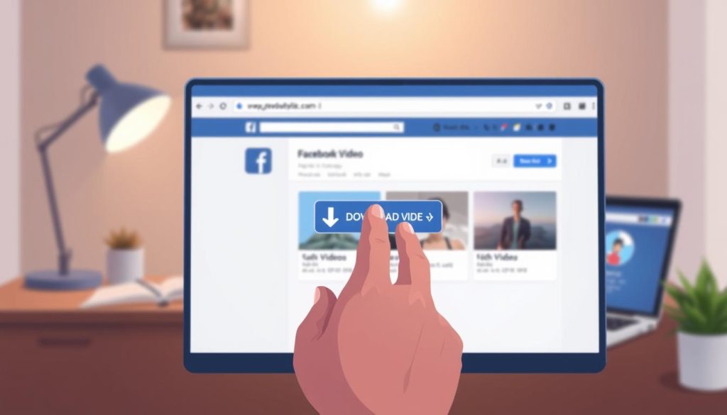 A focused, high-quality digital illustration depicting a modern, user-friendly web browser interface showcasing a Facebook video downloader tool. In the foreground, display the browser window prominently, highlighting a download button with video thumbnails from Facebook. The middle layer should consist of a user’s hand poised above the mouse, illustrating action, with a reflection of the video downloader tool on the screen. The background should be softly blurred, featuring hints of a cozy workspace with a desk, a laptop, and a light source providing warm, gentle lighting. The overall atmosphere should feel inviting and efficient, suggesting ease of use for downloading videos. No text or watermarks should be included, ensuring the focus remains on the interface and the downloading process.