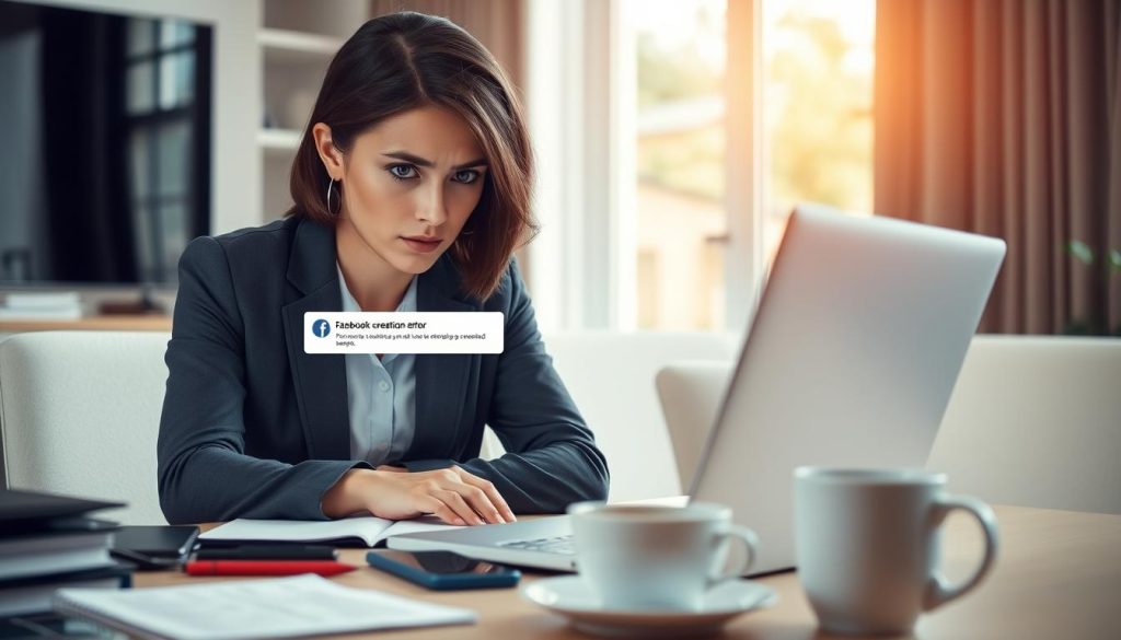 A focused scene depicting a professional business person, a young woman in smart attire, sitting at a desk surrounded by technology while troubleshooting a Facebook page creation error. In the foreground, she is intently examining a laptop screen displaying a Facebook error message, with concerned facial expressions indicating concentration and determination. The middle ground features a cluttered desk with a smartphone, a notepad, and a cup of coffee, symbolizing a busy work environment. In the background, a soft-focused window provides natural light, creating a warm, inviting atmosphere. The lighting is bright yet soft, enhancing the mood of problem-solving amidst a modern office setting. The overall composition conveys a sense of urgency and professionalism as she navigates the challenges of network and connection issues. A focused scene depicting a professional business person, a young woman in smart attire, sitting at a desk surrounded by technology while troubleshooting a Facebook page creation error. In the foreground, she is intently examining a laptop screen displaying a Facebook error message, with concerned facial expressions indicating concentration and determination. The middle ground features a cluttered desk with a smartphone, a notepad, and a cup of coffee, symbolizing a busy work environment. In the background, a soft-focused window provides natural light, creating a warm, inviting atmosphere. The lighting is bright yet soft, enhancing the mood of problem-solving amidst a modern office setting. The overall composition conveys a sense of urgency and professionalism as she navigates the challenges of network and connection issues.
