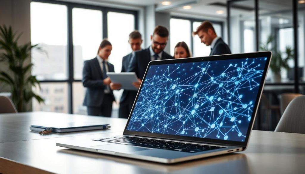 A high-tech, minimalist workspace scene focused on the concept of reliable proxy services for web scraping. In the foreground, a sleek laptop displays an abstract visual of interconnected network nodes, highlighting data flow and security. The middle ground features a diverse group of professionals in business attire, collaborating over data on a digital tablet. They look engaged and focused, embodying a sense of teamwork and innovation. The background showcases a modern office with large windows, allowing natural light to fill the space, creating a bright, open atmosphere. The overall mood conveys professionalism, reliability, and cutting-edge technology, emphasizing the critical role of proxies in web scraping.